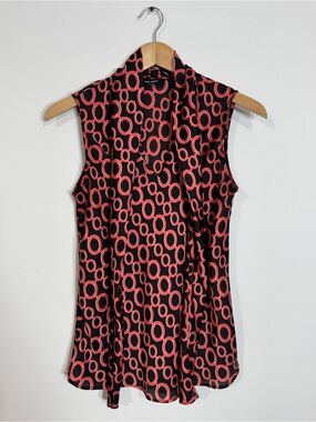 WSH77 {Nine West} Black Coral Chainlink Print Tie Neck Tank Top Blouse